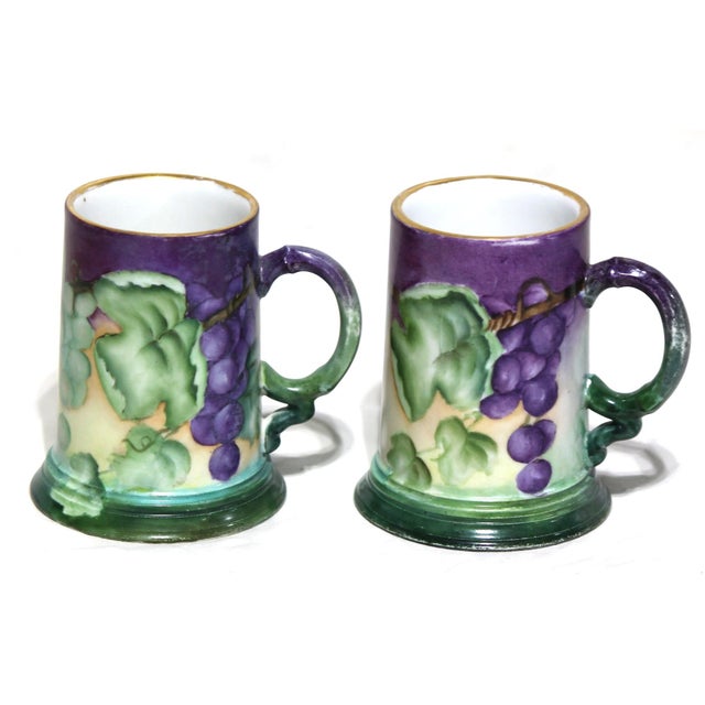 1900 - 1909 Pair of Beautiful Antique JPL Limoges Hand Painted Grape Themed Porcelain Tankards For Sale - Image 5 of 6