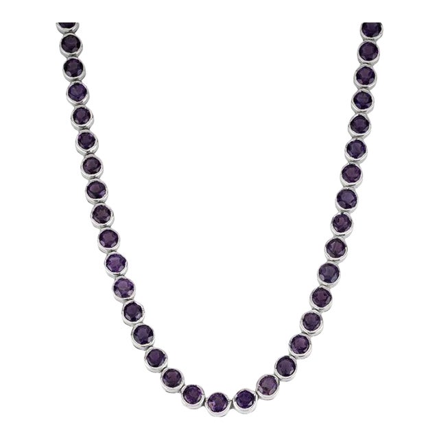 Round Cut Deep Purple Amethyst Gemstone Tennis Necklace- Silver Jewelry by Caratandher For Sale