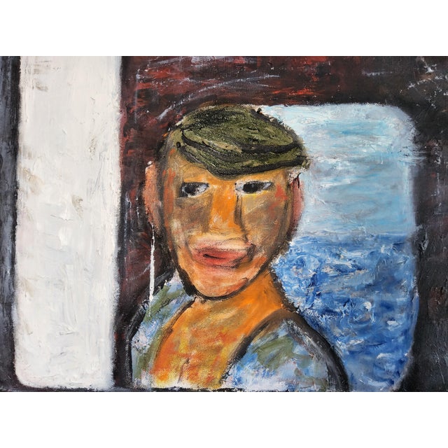 Mid-Century Modern Mid Century Swedish Modernist Naivist Maritime Oil Painting of a Fisherman For Sale - Image 3 of 17