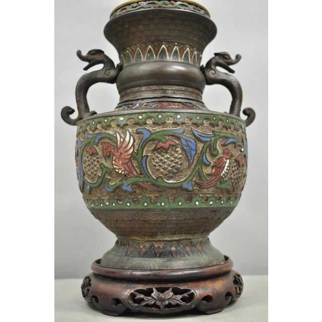 Antique Chinese Porcelain Enamel Bronze Oriental Cloisonne Champleve Table Lamp For Sale - Image 12 of 12