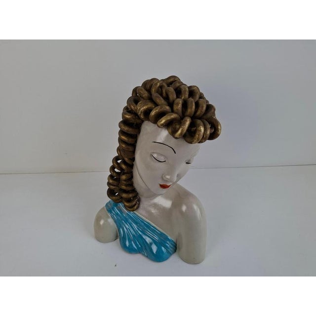 Art Deco Ceramic Bust of a Woman with Gilded Curled Hair, Czechoslovakia, 1930s For Sale - Image 17 of 18