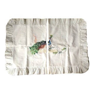 Chinese HandSewn Peacock Accent Linen Lg. Pillow Covers - Pair. For Sale