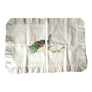 Chinese HandSewn Peacock Accent Linen Lg. Pillow Covers - Pair.