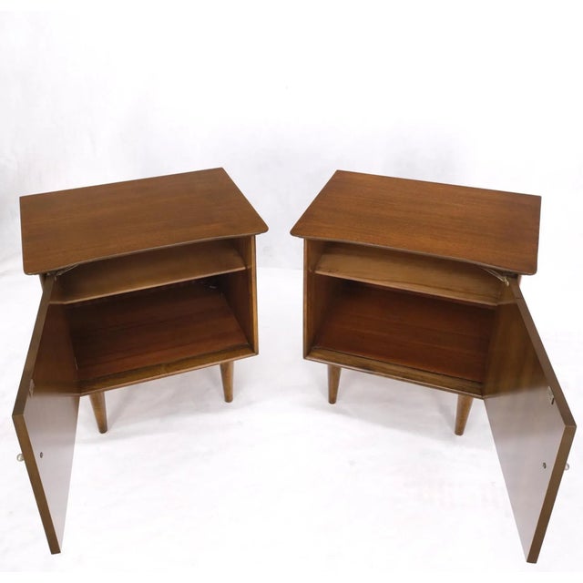 Pair of Light Walnut One Door Nightstands End Side Tables Tapered Legs For Sale - Image 9 of 13