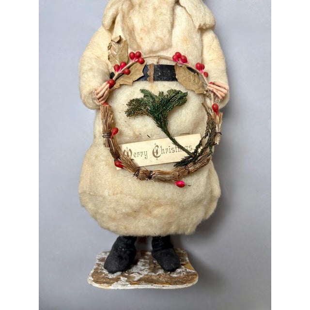 Ivory Christmas Antique German Cotton Batting Santa With Christmas Wreath For Sale - Image 8 of 11