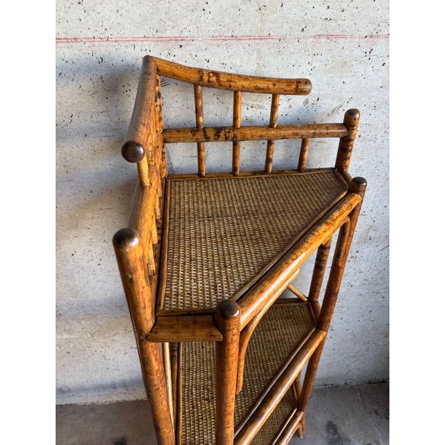 1950s Vintage 1950s Tiger Rattan Corner Shelf, Pagoda Top, Three Tier For Sale - Image 5 of 6