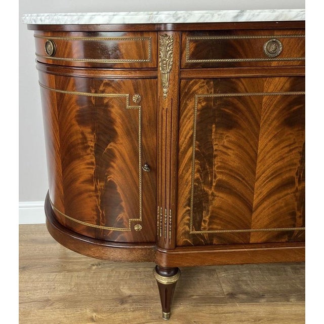 Vintage French Empire Carved Burr Inlay Sideboard with Marble Top For Sale - Image 5 of 18