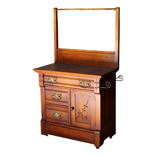 Antique Eastlake Foliate Chip Carved Walnut Commode With Towel Bar C1910 For Sale