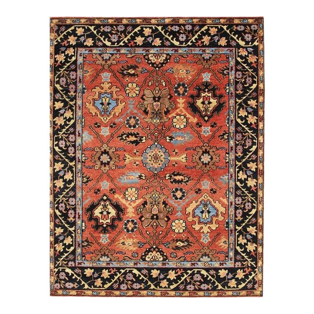 10x14 Red Hand-Knotted Wool Linked Rosettes Geometric Modern Carpet Rug For Sale