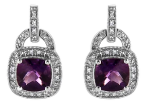 .925 Sterling Silver 8MM Natural Cushion Shaped Amethyst and Diamond Accent Halo with Push Back Dangle Earrings (I-J Color, I2-I3 Clarity) - 2 Pieces