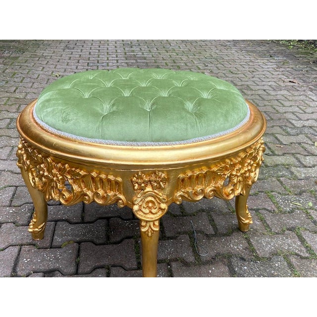 Late 20th Century 1980s Italian Rococo Gold Beech Green Velvet Bench For Sale - Image 5 of 12