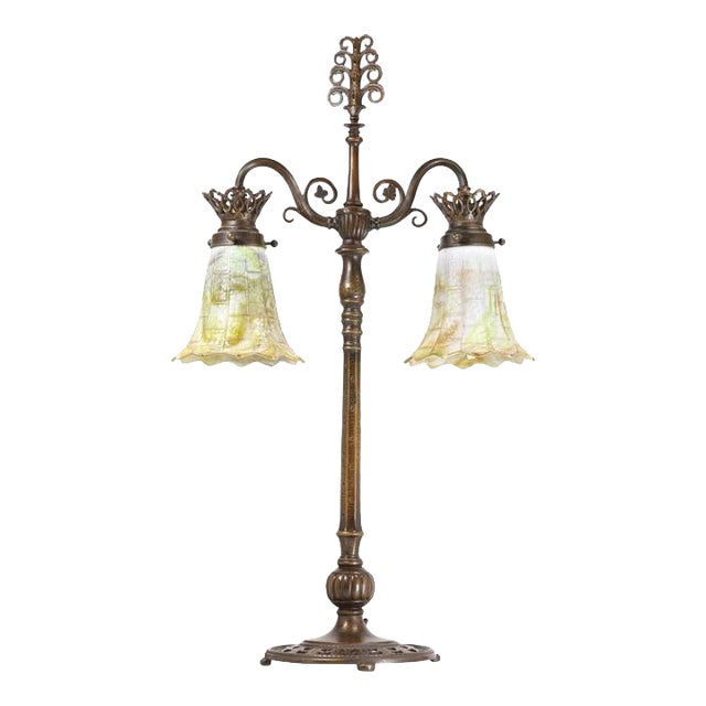 1910s Signed Oscar Bach Bronze 2-Light Table Lamp With Quality Art Glass Shades, Good Patina For Sale