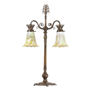 1910s Signed Oscar Bach Bronze 2-Light Table Lamp With Quality Art Glass Shades, Good Patina
