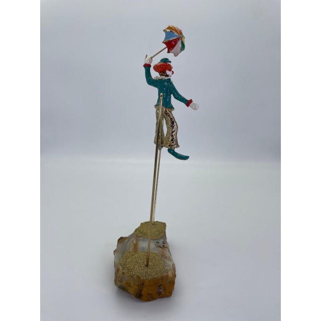 Metal Vintage Ron Lee High Wire Circus Clown Sculpture With Umbrella on Natural Onyx Base, Signed 1984 For Sale - Image 7 of 11