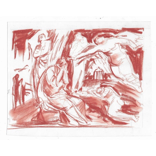 1950s conte drawing on paper of a mythological scene with an angel or goddess and an anguished individual. Unsigned....