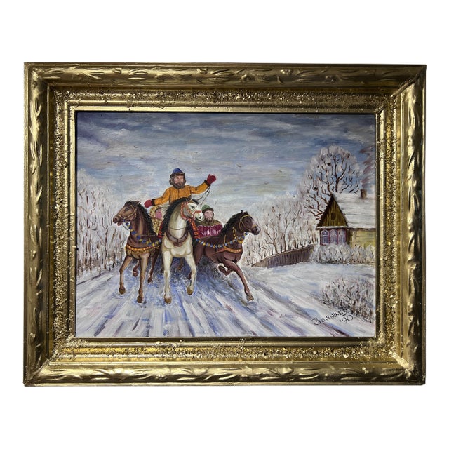 1990 Artist V.Vasilyev Oil Painting on Canvas Genre Scene "Festival Maslenitsa" For Sale