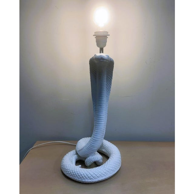 Vintage White Ceramic Cobra Table Lamp attributed to Tommaso Barbi, 1970s For Sale - Image 6 of 14