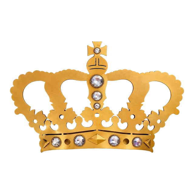Vintage Gold Jeweled Crown Wall Sculpture | Rhinestone Royal Crown Decor | Hollywood Regency For Sale