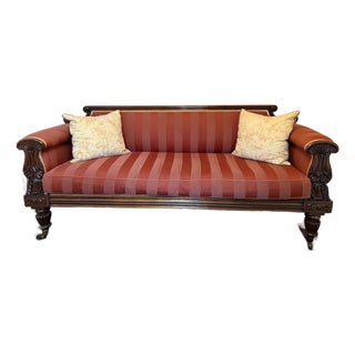 Antique Late Regency William IV Mahogany Settee in Clarence House Wool Stripe For Sale