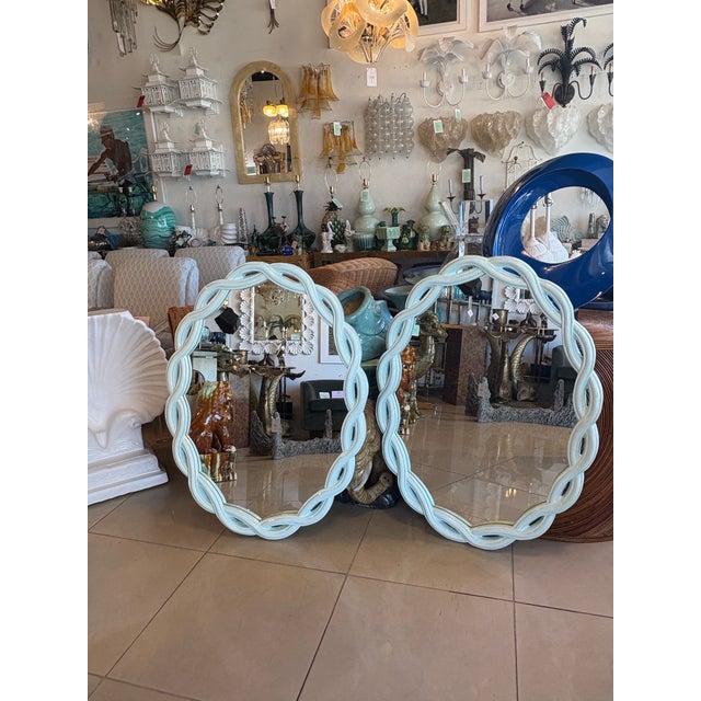Glass Vintage Pair Light Aqua Lacquered Palm Beach Scalloped Oval Wall Mirrors For Sale - Image 7 of 10