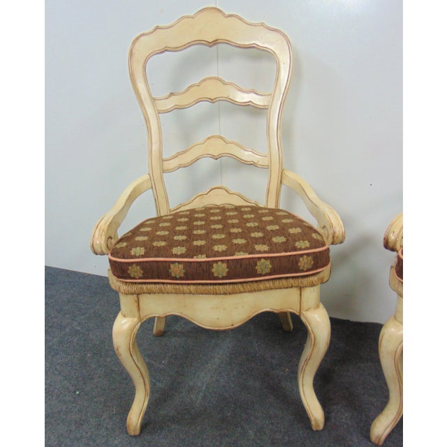 Country French Cream Distressed Ladderback Arm Chairs -A Pair For Sale - Image 4 of 7