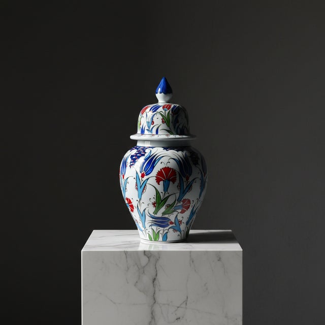 Turkish Handmade Ceramic “Kupecik” Ginger Jar (20cm) – Classic Iznik Tulip & Carnation Pattern – Lidded Home Decor For Sale - Image 3 of 11