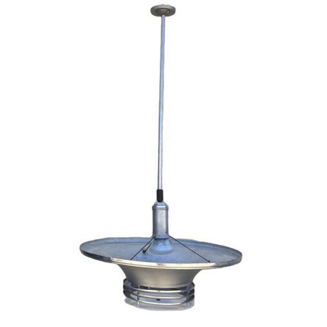 Striking 30.5" diameter Machine-Age pendant light features a spun aluminum shade with a streamlined saucer with 4 extended...