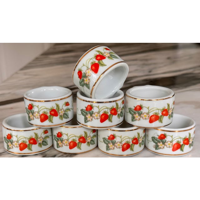American 1970s Made in Brazil Strawberry Motif Gold Gilt Napkin Rings - Set of 8 For Sale - Image 3 of 6