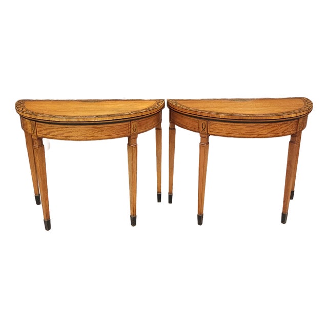 Late 18th Century Pair of George III Floral Wreath Painted Crossbanded Satinwood Demilune Card Tables For Sale