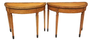 Late 18th Century Pair of George III Floral Wreath Painted Crossbanded Satinwood Demilune Card Tables