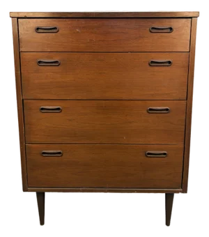 Mid 20th Century Modern Four Drawer Walnut Highboy Dresser