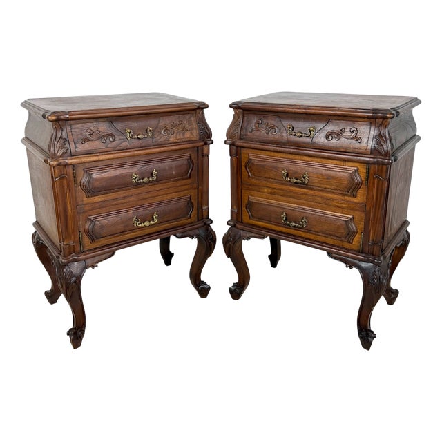 French Louis XV Style Wooden Nightstands, 1940, Set of 2 For Sale