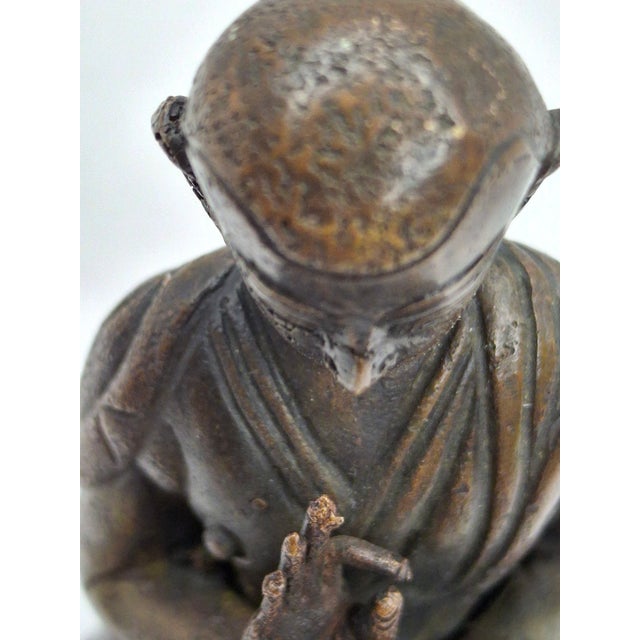 Metal 18thC Tibetan Bronze Lama Statue - Heavy 10oz Portrait Monk Dharmachakra Mudra For Sale - Image 7 of 18