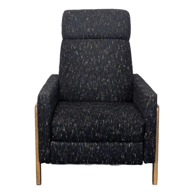 West Elm Modern Black Fabric Recliner Lounge Chair With Wooden Frame For Sale
