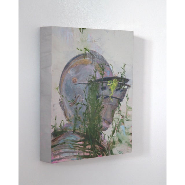 Contemporary Lost in The Woods by Elena Burykina | Oil on panel Painting of a helmeted figure surrounded by plants. For Sale - Image 3 of 5