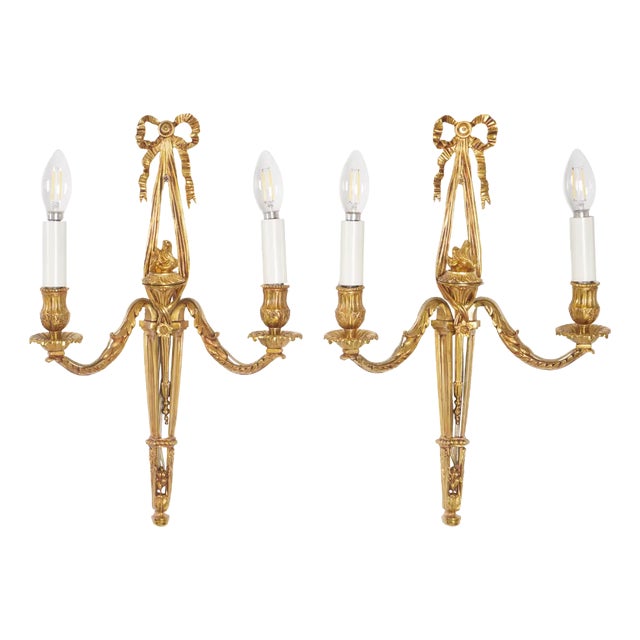 New Luminaire d'Art Lucien Gau Louis XVI Style Gilt Sconces Large, a Pair For Sale