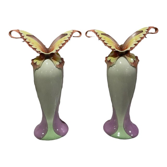 Pair of 1970s Franz Collection Papillon Butterfly Spread Wings Vases Art Nouveau For Sale