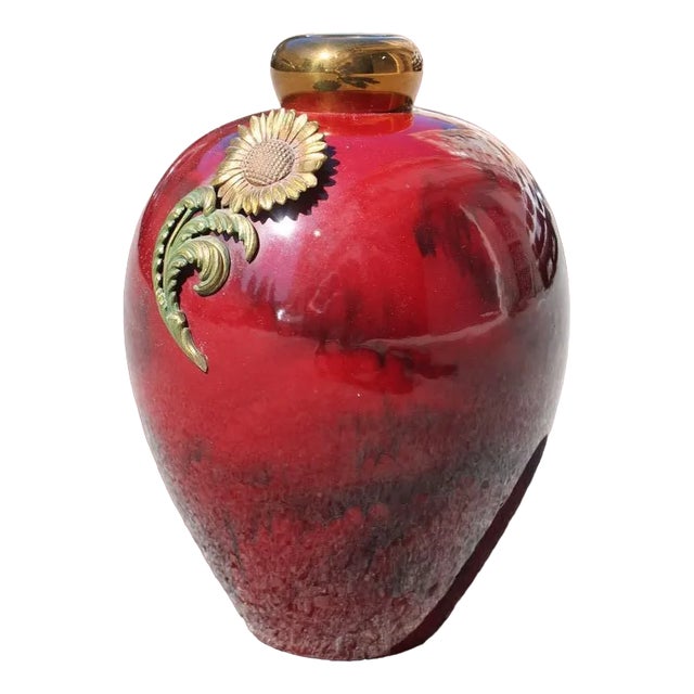 Art Deco Red Ceramic Vase with Gold and Brass, 1930s For Sale