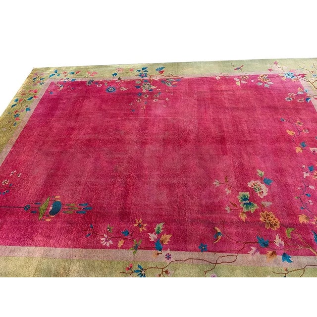 1920s Raspberry Pink Open Field Floral Antique Chinese Art Deco Carpet Wool Rug For Sale - Image 4 of 12