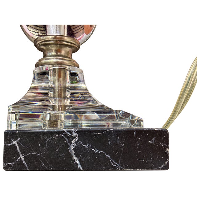Late 20th Century Crystal Orb Table Lamp With Black Pleated Shade and Black Marble Base For Sale In Miami - Image 6 of 8