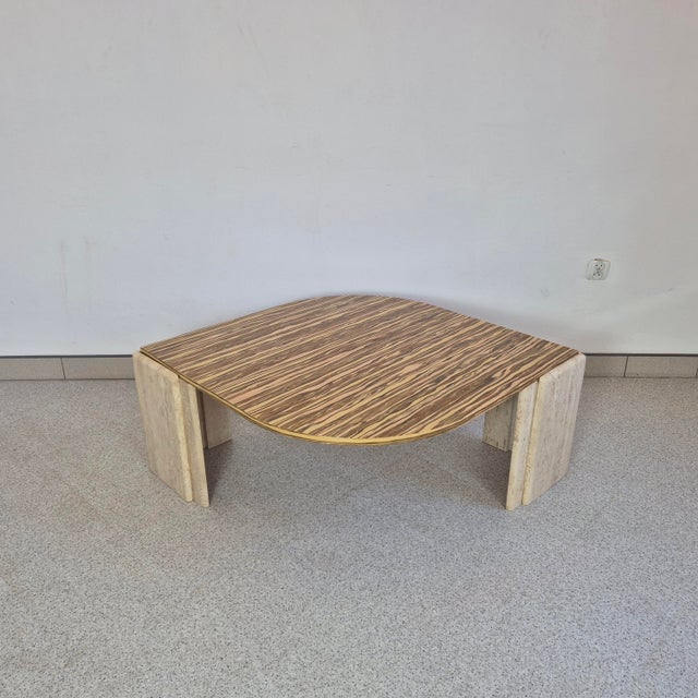 Stone Mid-Century Coffee Table in Travertine and Olive Wood Veneer, 1970s For Sale - Image 7 of 12
