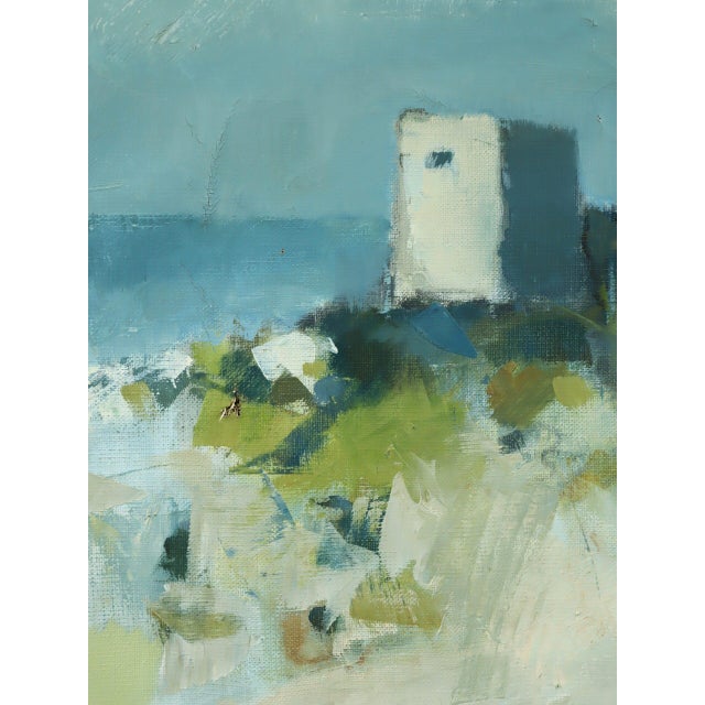 Textile Mid-Century Modern 'Outpost by the Sea' Vintage Original Landscape Oil Painting, Framed For Sale - Image 7 of 10