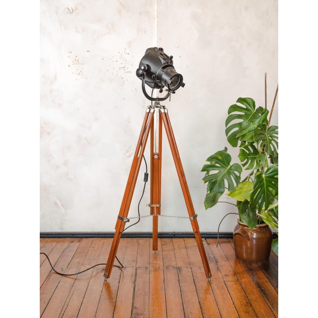 Black 1960s strand electric patt 23 theatre lamp on wooden tripod, converted into custom floor lamp for your designer...