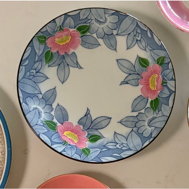 Limoges, France Early 20th Century Limoges Blue, Gold, and Pink Roses Desert Plate and Saucer Wall Plate Curation- Set of 6 For Sale - Image 4 of 10