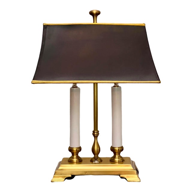 Late 20th Century Small Brass Twin Candle Bouillotte Style Lamp With Black Parchment Shade For Sale