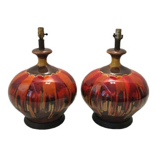 1960s Large Ceramic American Drip Glazed Round Lamps - a Pair For Sale