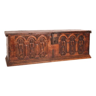 Antique Gothic Style Elm Wood Trunk For Sale