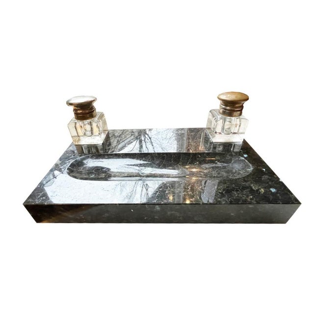 Desk set France around 1930. Green Portor marble with original glass vessels. Height: 13 cm | Width: 30 cm Depth: 18 cm