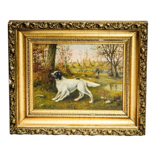 Nice Antique Framed Oil Painting Dog Country Hunting Scene Artist Signed Home Wall Decor For Sale