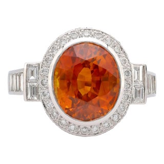 1960s Gia 7.5 Carat Orange Sapphire Diamond Platinum Cocktail Ring For Sale